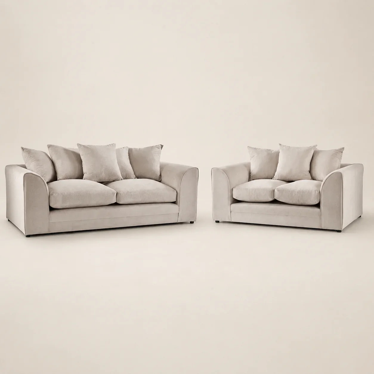 Luxury beige velvet sofa set with matching loveseat, plush cushions, modern design for UK living rooms