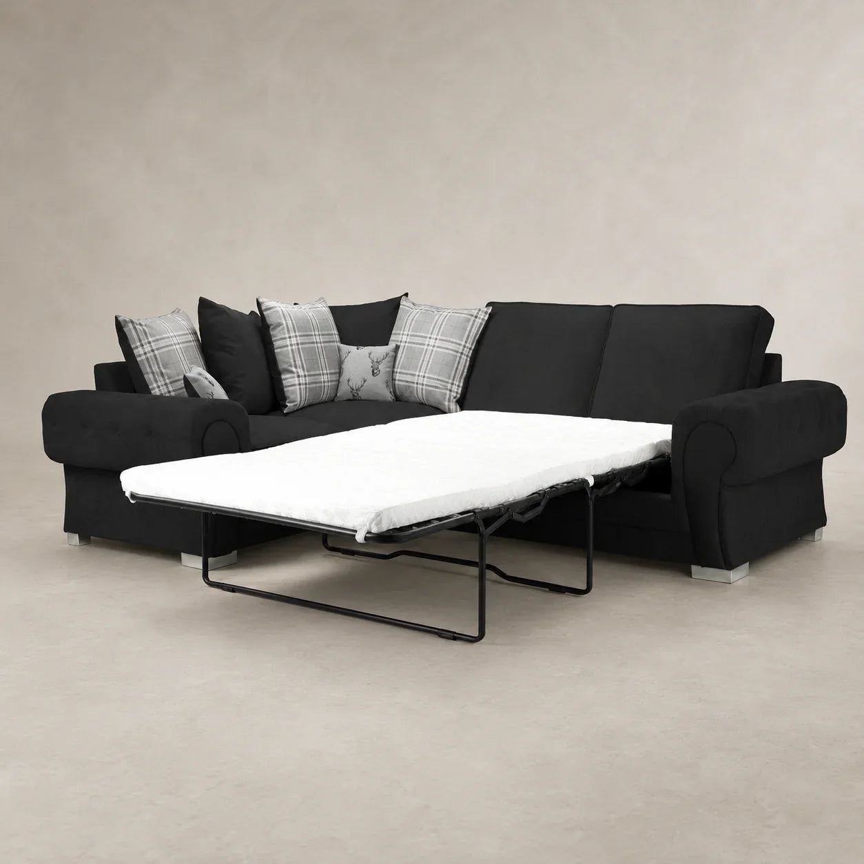 Black sofa bed with pull-out mattress, plaid cushions, luxury living room furniture