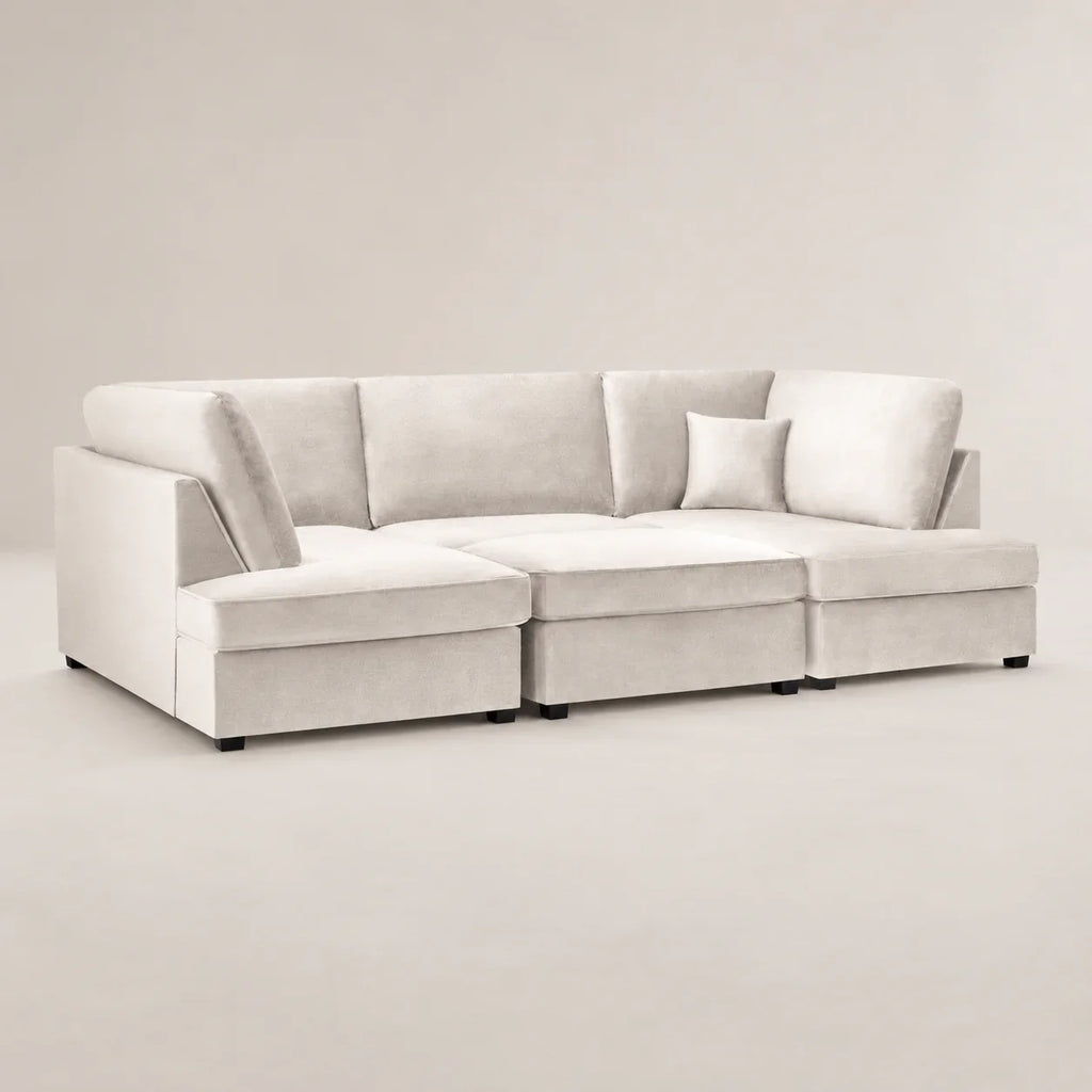 Luxury beige sectional sofa with chaise lounge and plush cushions, modern living room furniture