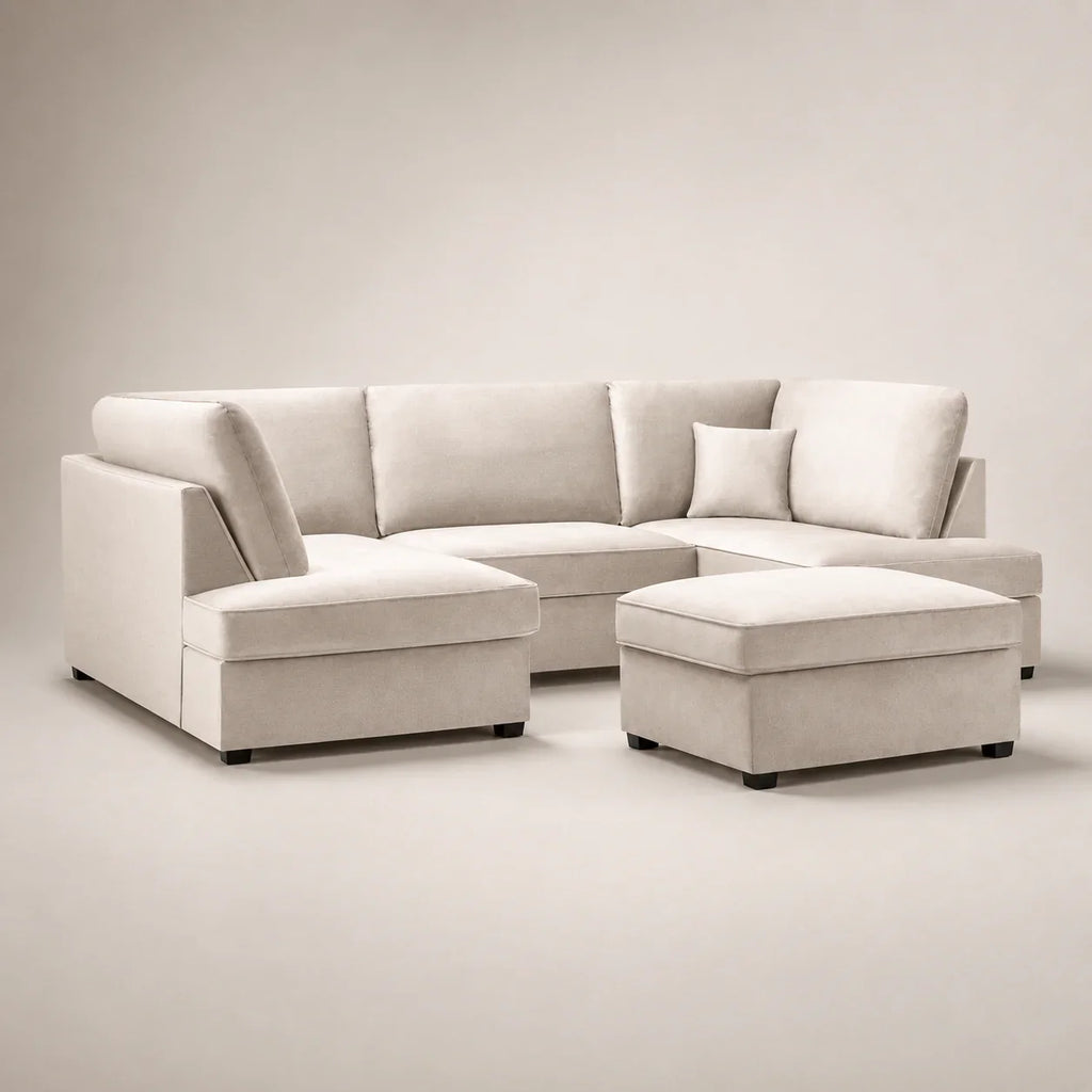 Luxury beige sectional sofa with chaise and ottoman, modern living room furniture
