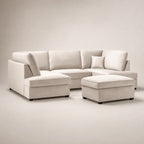 Luxury beige sectional sofa with chaise and ottoman, modern living room furniture