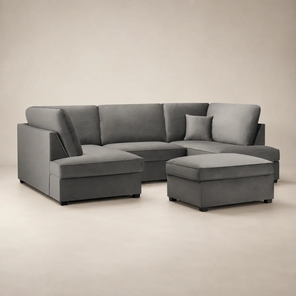 Gray sectional sofa with chaise and ottoman, luxury living room furniture