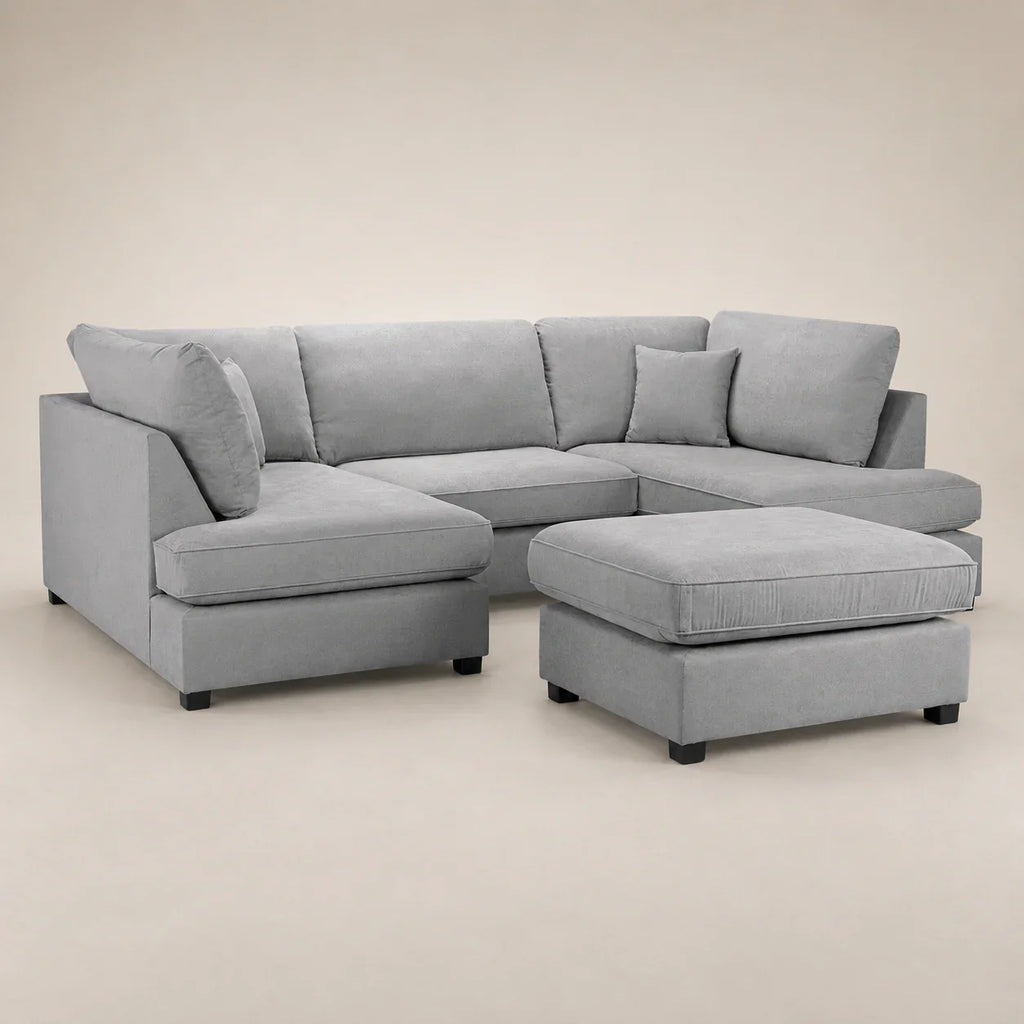 Gray sectional sofa with chaise and ottoman, luxury living room furniture