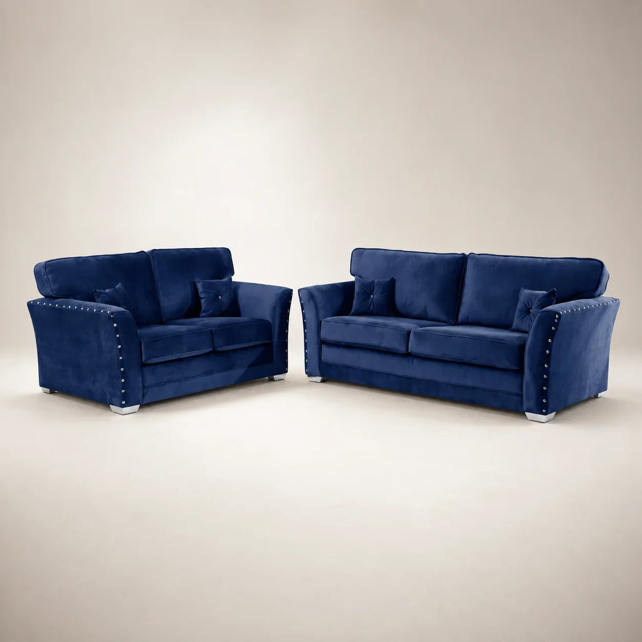 Luxury navy blue velvet sofa set with nailhead trim, perfect for modern living rooms