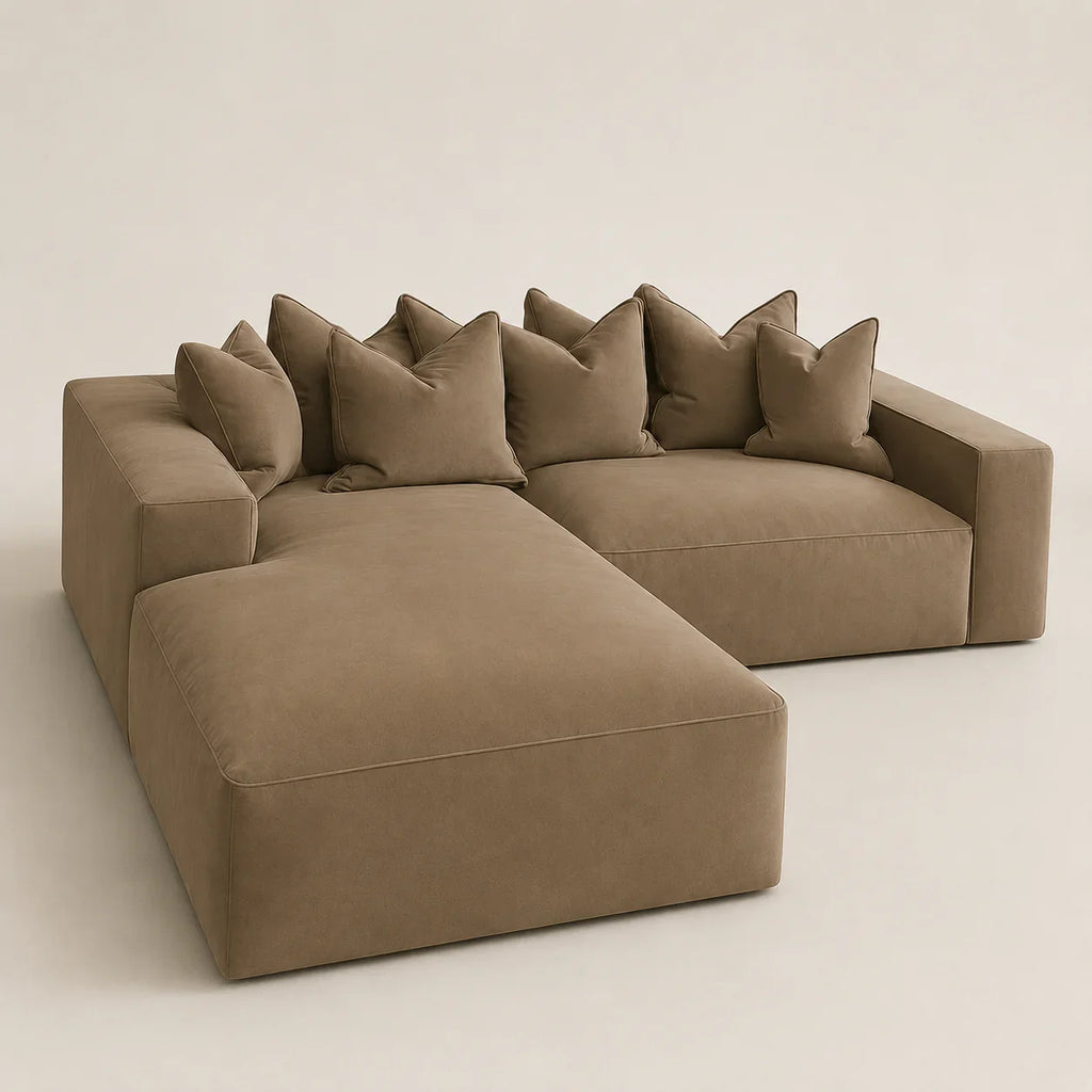 Luxury brown sectional sofa with plush cushions, modern design for living room comfort