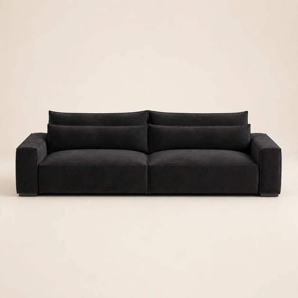 Black modern luxury sofa with plush cushions, ideal for contemporary living rooms