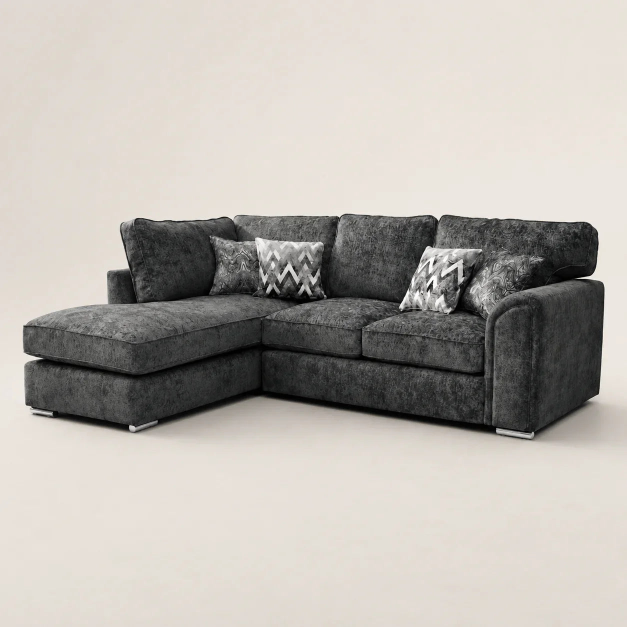 Luxury grey sectional sofa with chaise and patterned cushions, ideal for modern living rooms