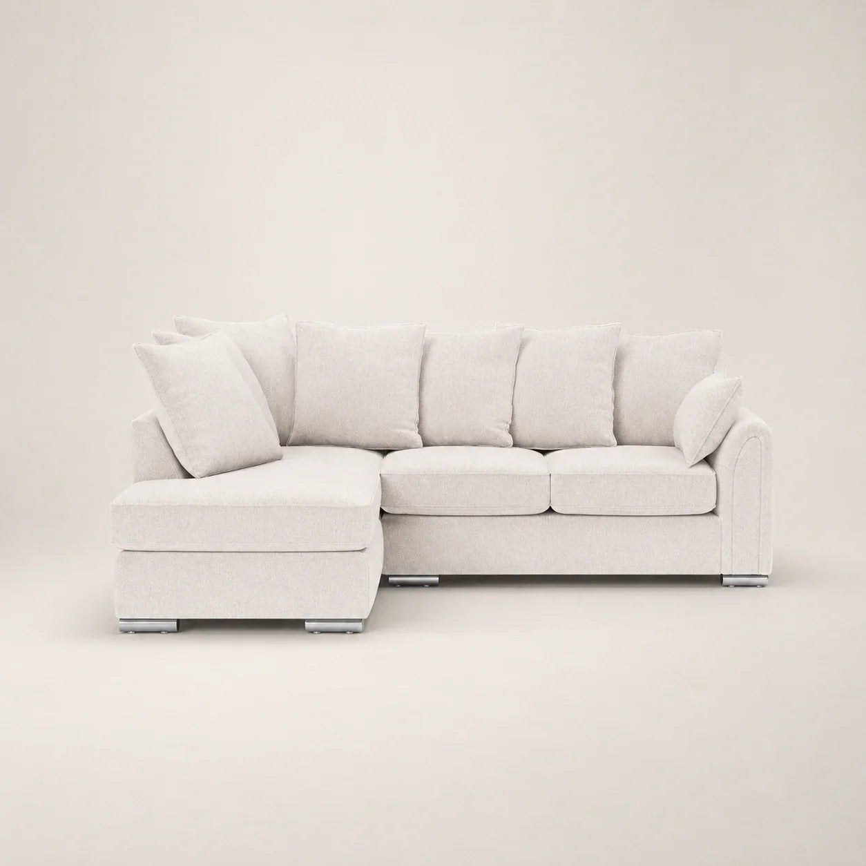 Luxury beige sectional sofa with chaise lounge and plush cushions, modern living room furniture