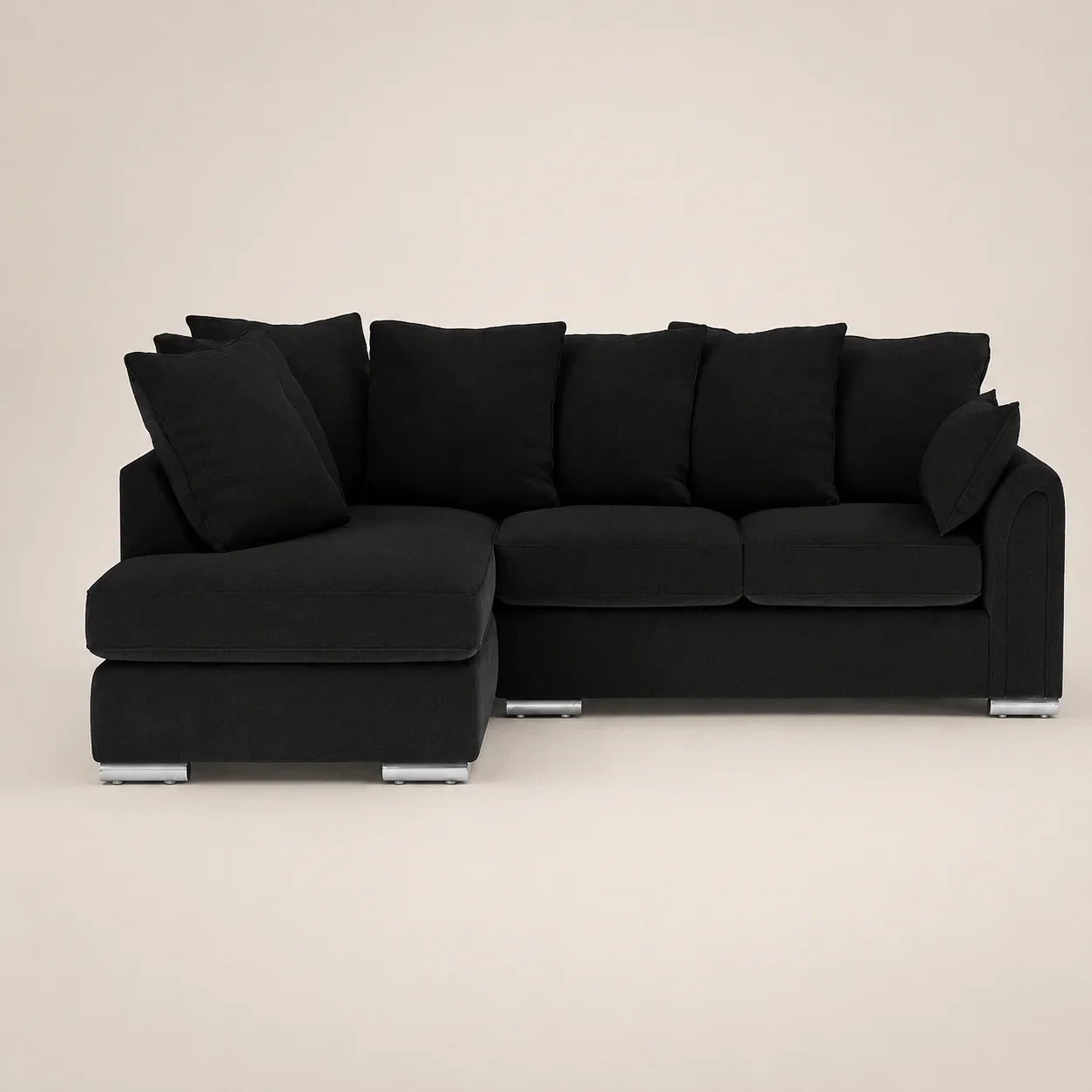Black fabric sectional sofa with chaise and silver legs, luxury living room furniture