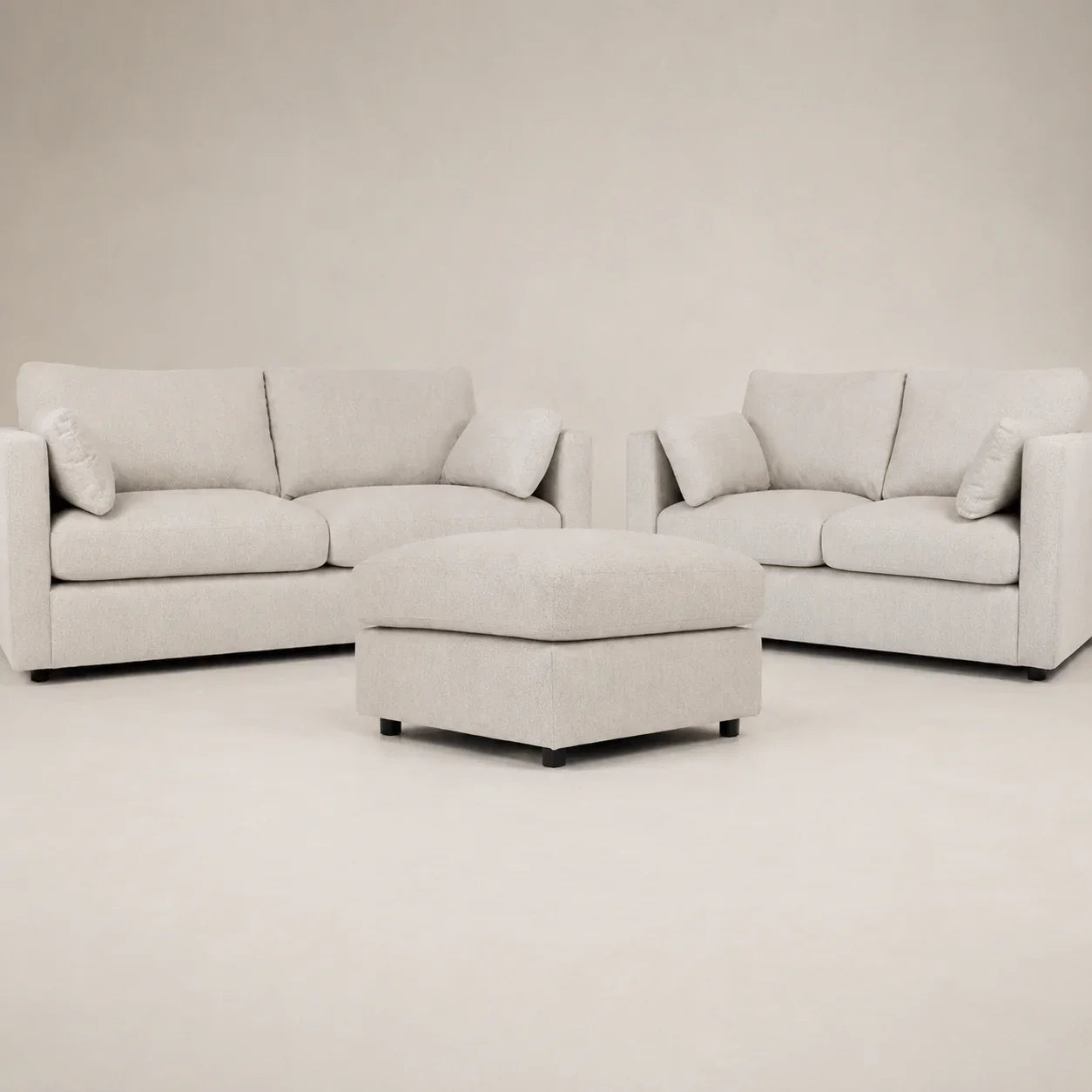 Luxury beige sofa set with matching ottoman, modern living room furniture