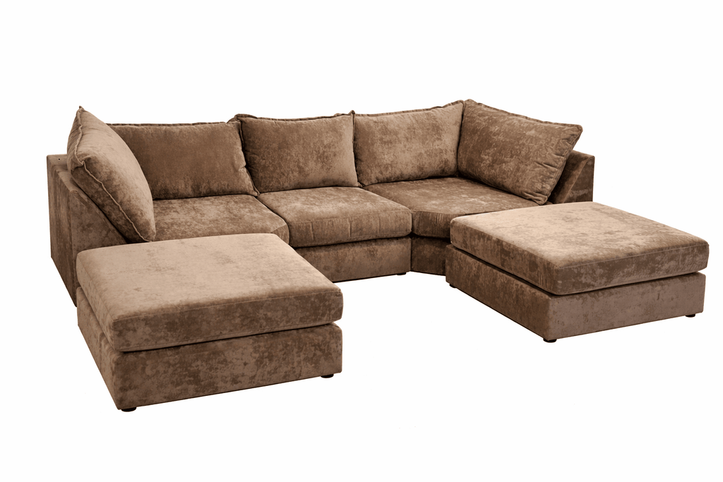 Modern brown velvet L-shaped sectional sofa with plush cushions and two ottomans