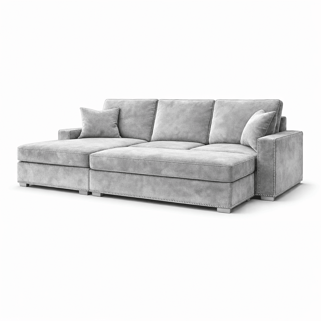 Modern grey velvet sectional sofa with chaise, plush cushions, and nailhead trim on white background