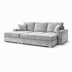 Modern grey velvet sectional sofa with chaise, plush cushions, and nailhead trim on white background