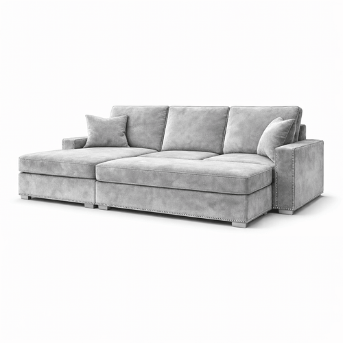 Modern grey velvet sectional sofa with chaise, plush cushions, and nailhead trim on white background