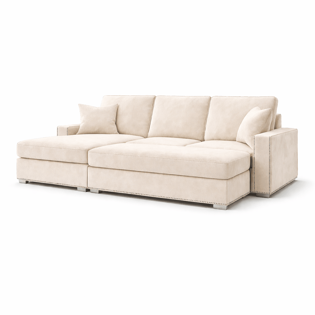 Modern beige sectional sofa with chaise lounge and plush cushions on a white background