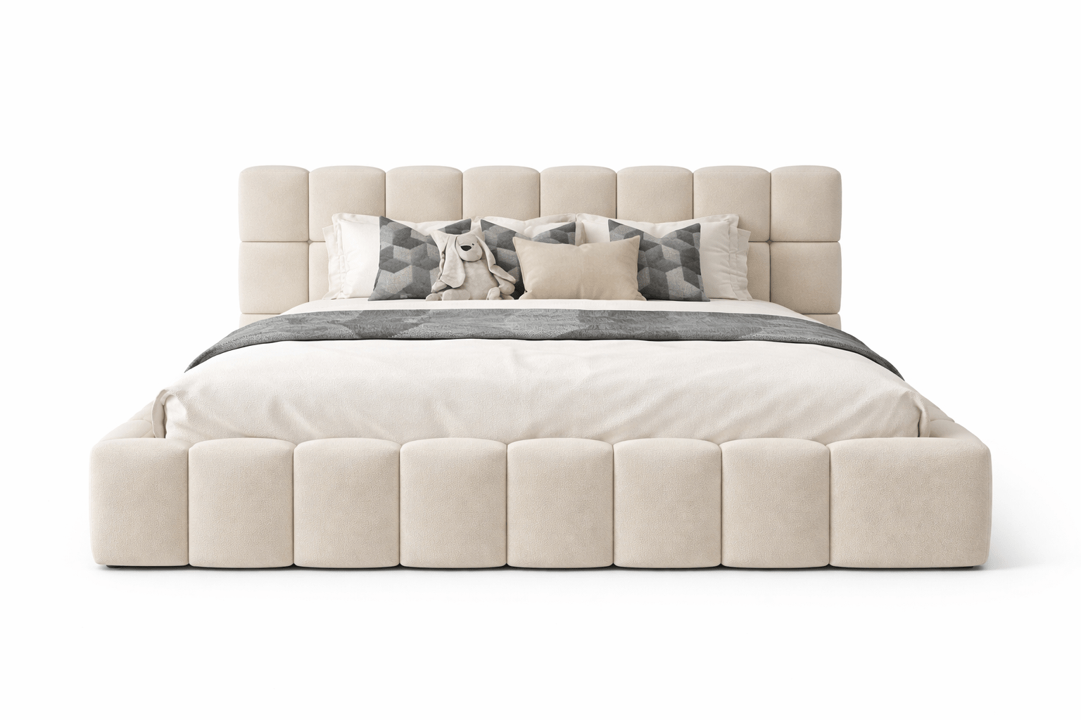 Modern upholstered bed with plush geometric headboard, neutral bedding, and accent pillows