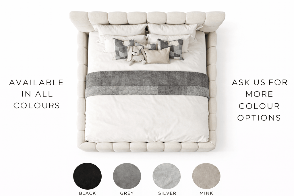 Luxury upholstered bed with plush headboard, grey accents, and colour swatches for black, grey, silver, mink.