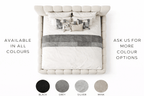Luxury upholstered bed with plush headboard, grey accents, and colour swatches for black, grey, silver, mink.