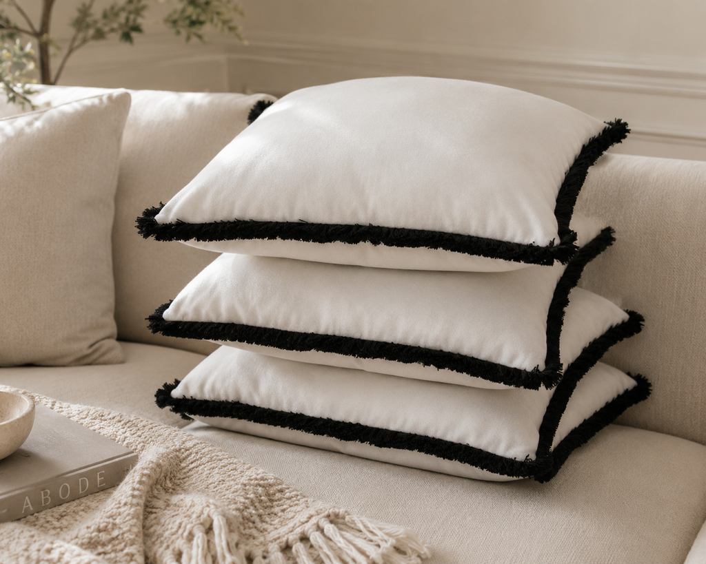 White velvet throw pillows with black fringe on a beige sofa, luxury home decor