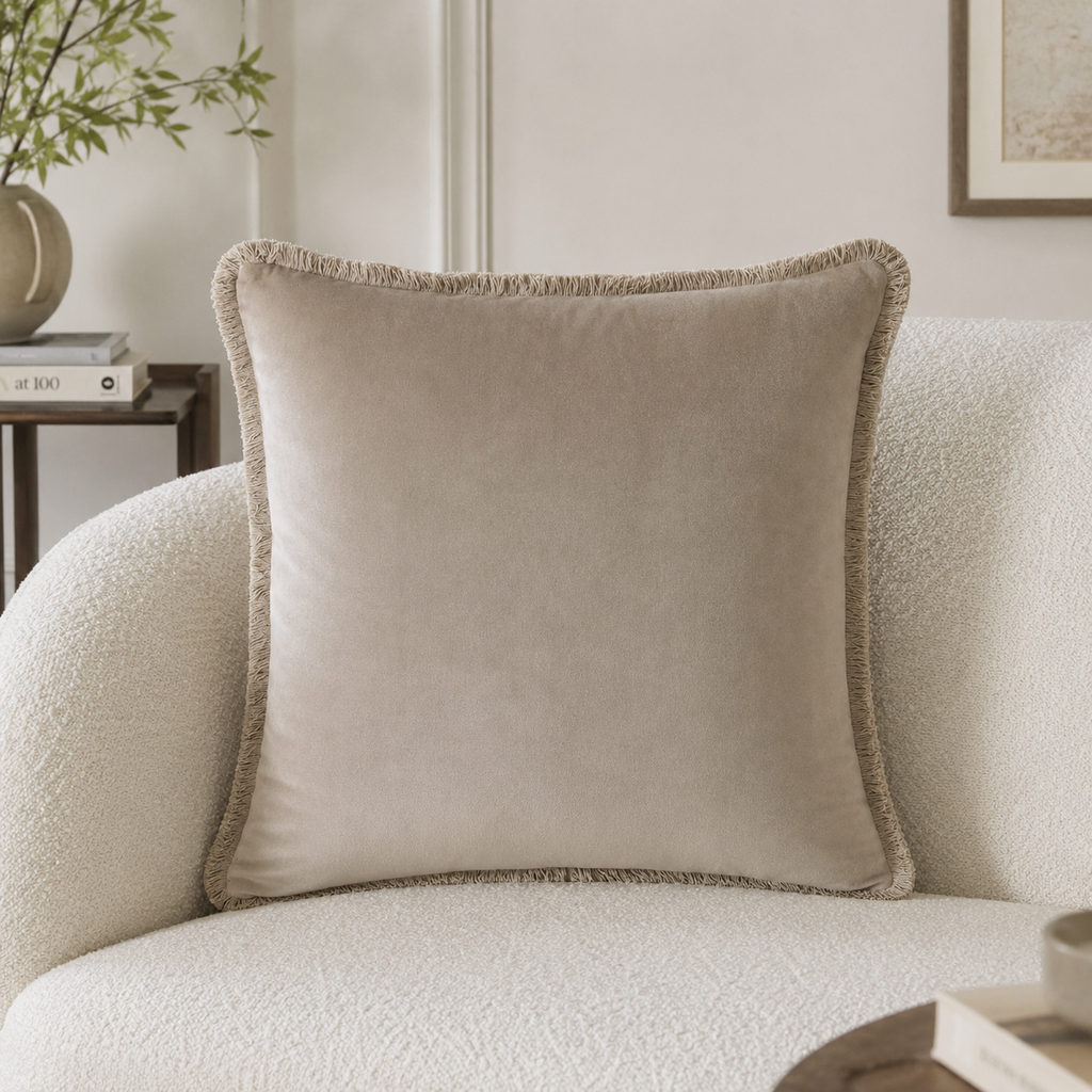 Beige velvet throw pillow with fringe on a textured sofa, luxury home decor accent