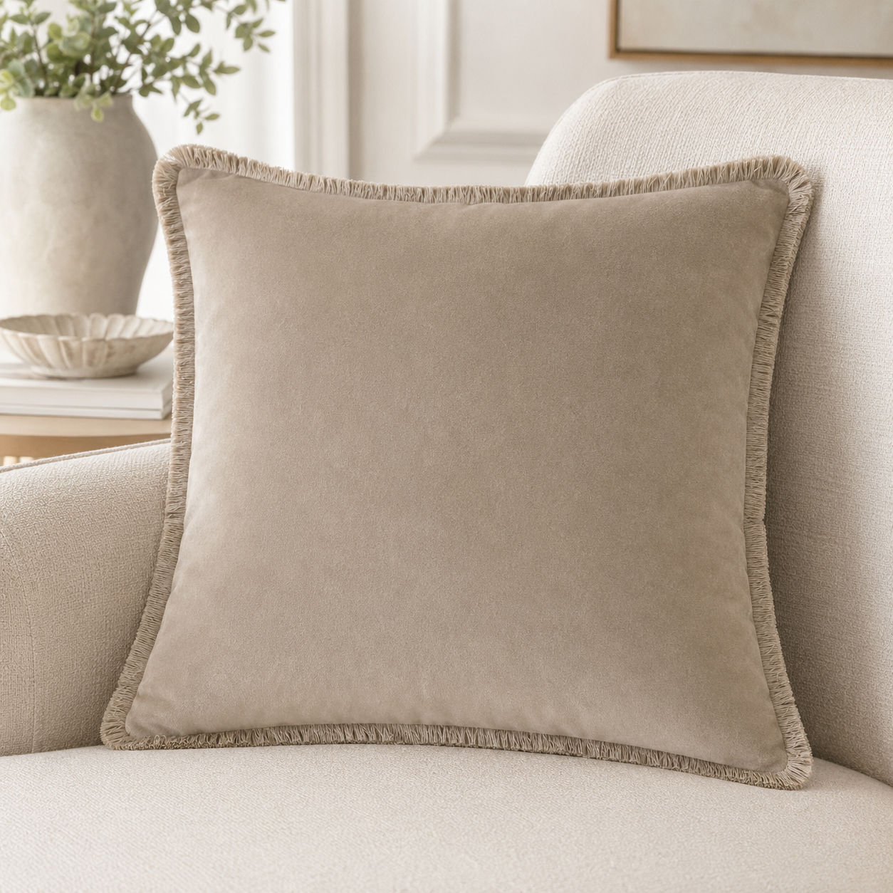 Beige velvet throw pillow with fringe on luxury sofa, cozy living room decor