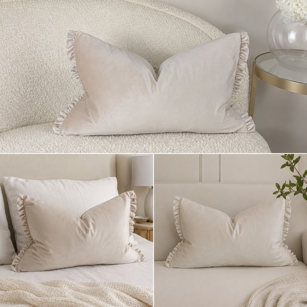 Luxury beige ruffle velvet pillow on textured sofa and bed, cozy home decor accent