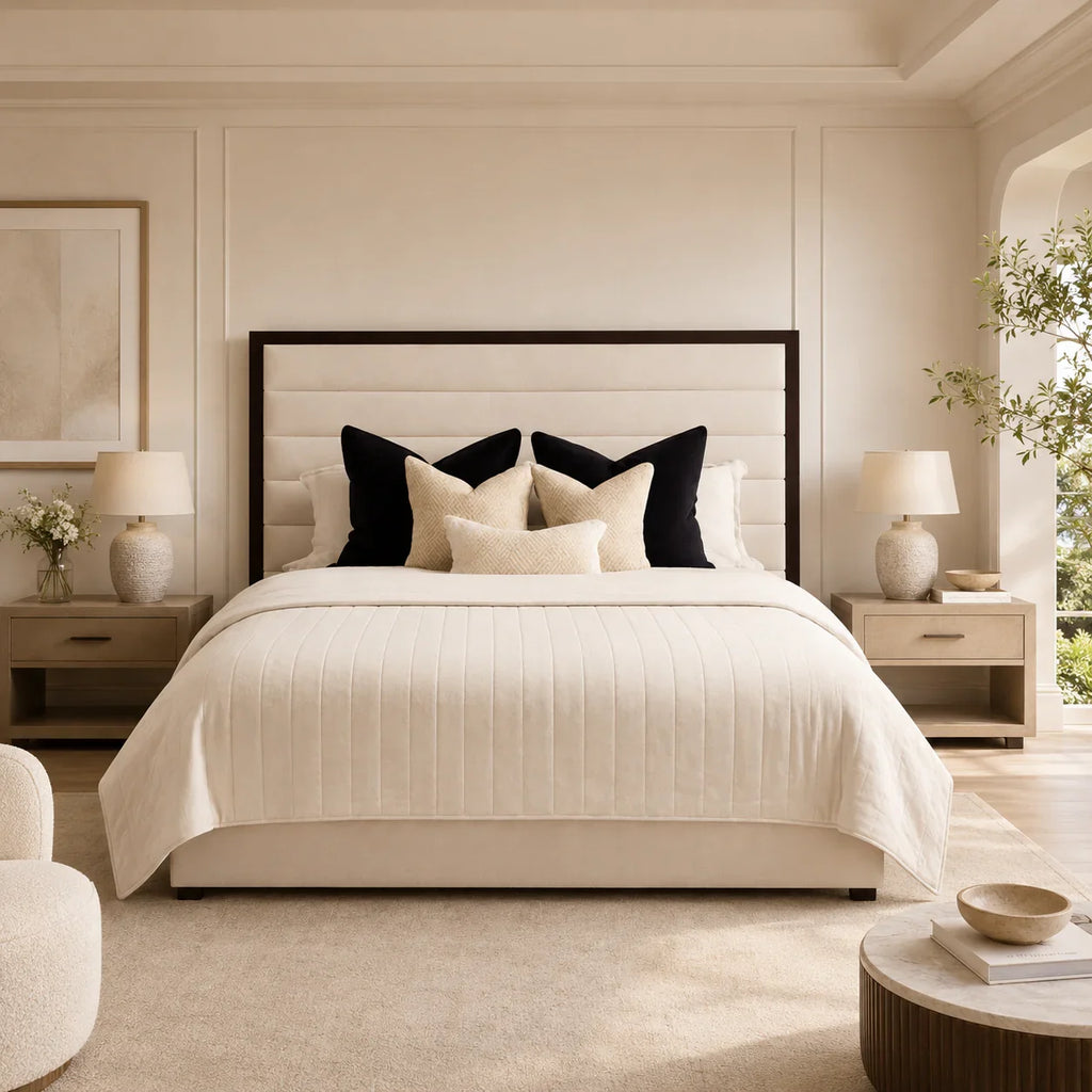 Luxury upholstered bed with tufted headboard, neutral bedding, and matching nightstands in a serene bedroom.