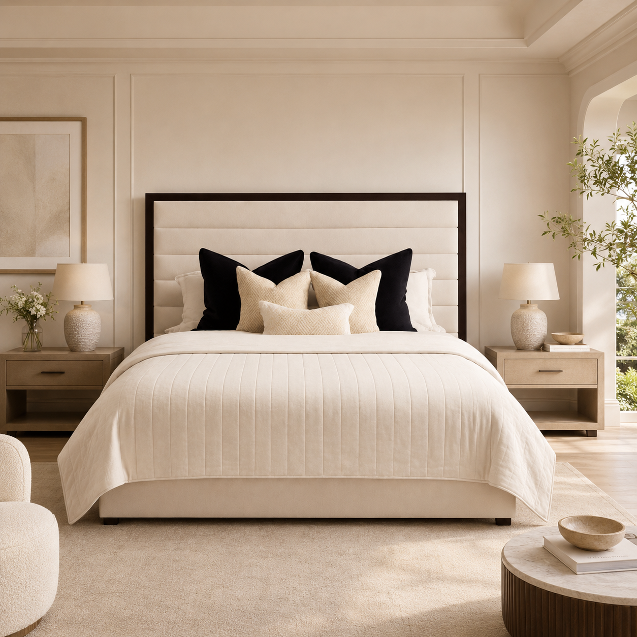 Luxury upholstered bed with tufted headboard, neutral bedding, and matching nightstands in a serene bedroom.
