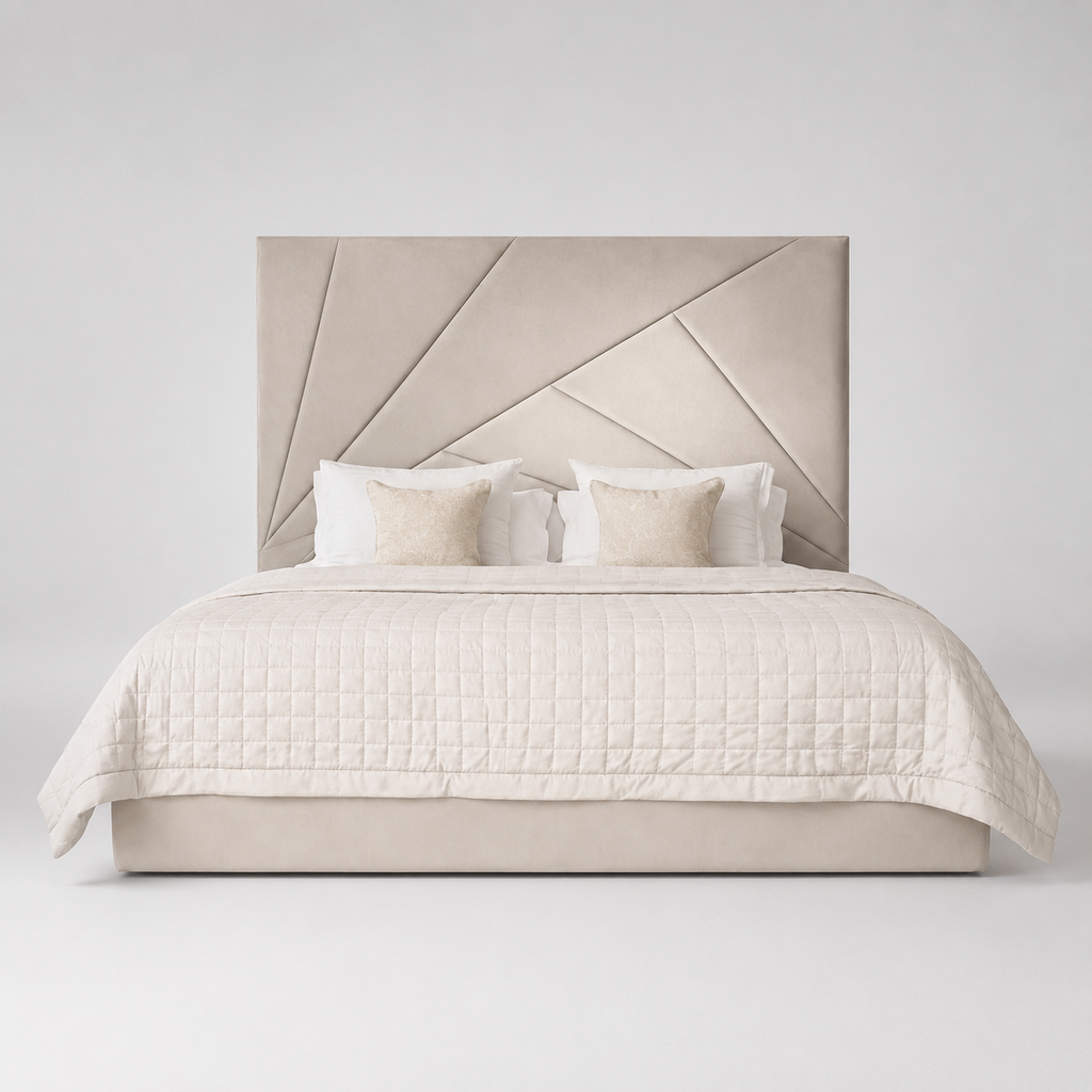 Luxury beige upholstered bed with geometric headboard, quilted duvet, and accent pillows for modern bedroom