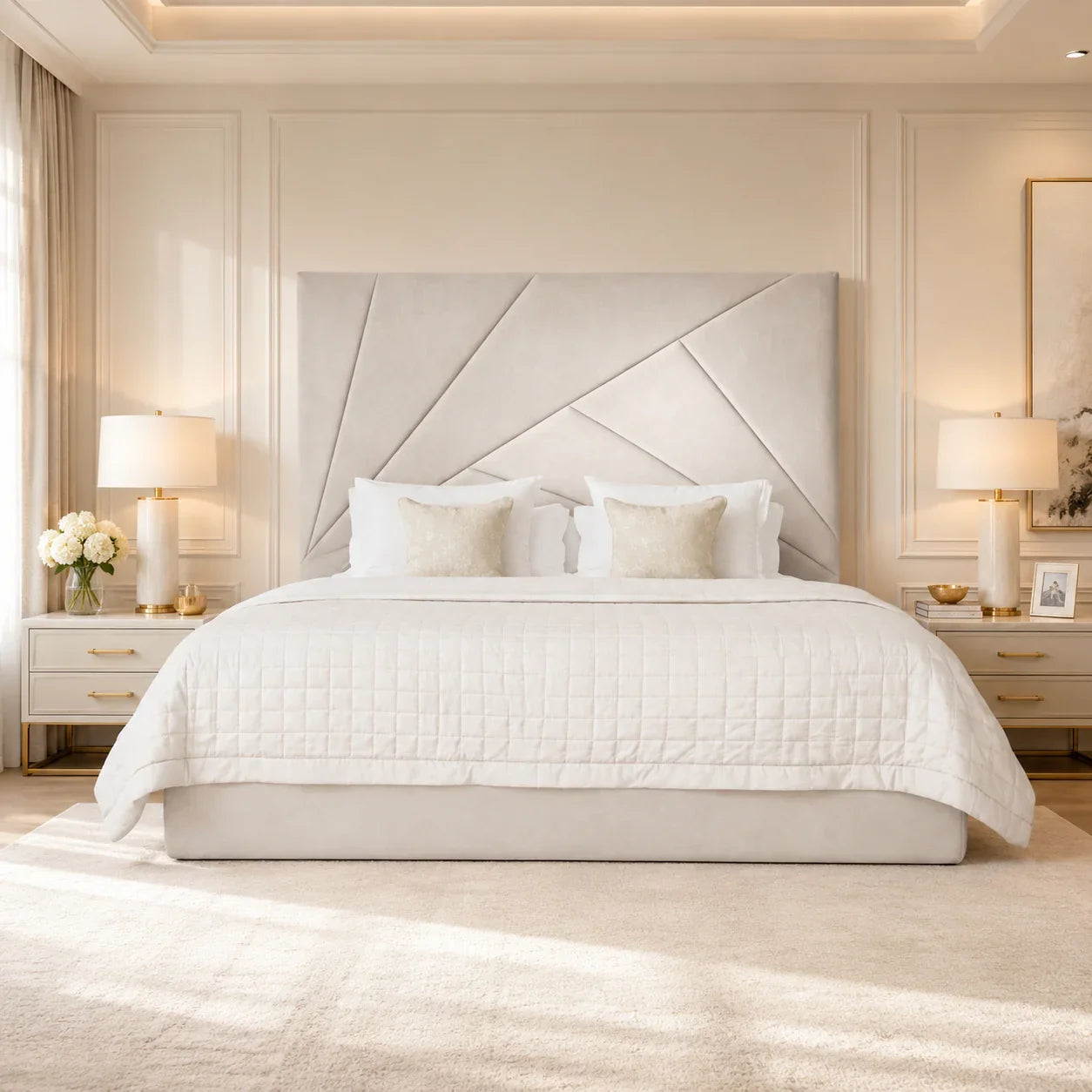 Luxury upholstered bed with geometric headboard, white quilted bedding, and matching nightstands in elegant bedroom