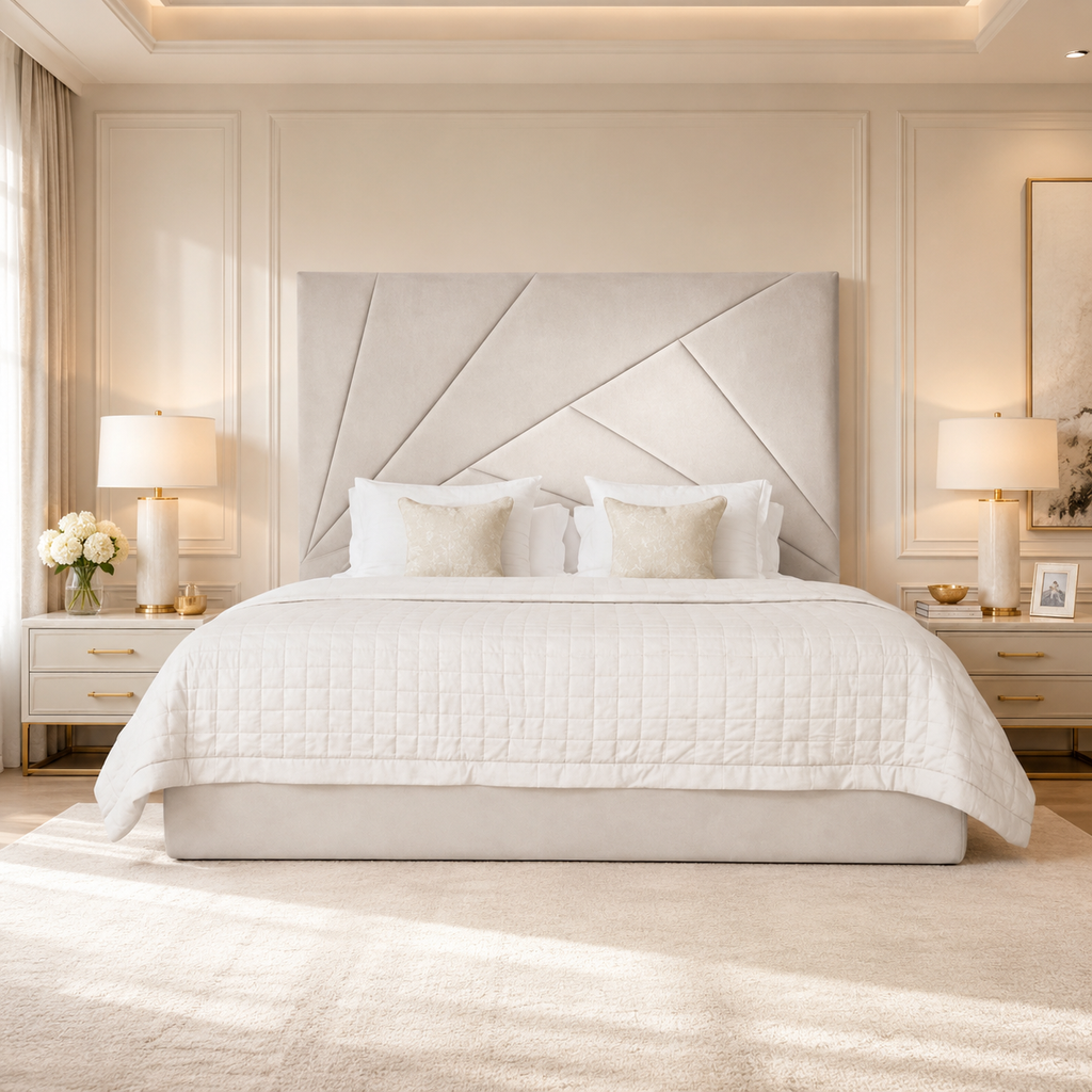 Luxury upholstered bed with geometric headboard, white quilted bedding, and matching nightstands in elegant bedroom