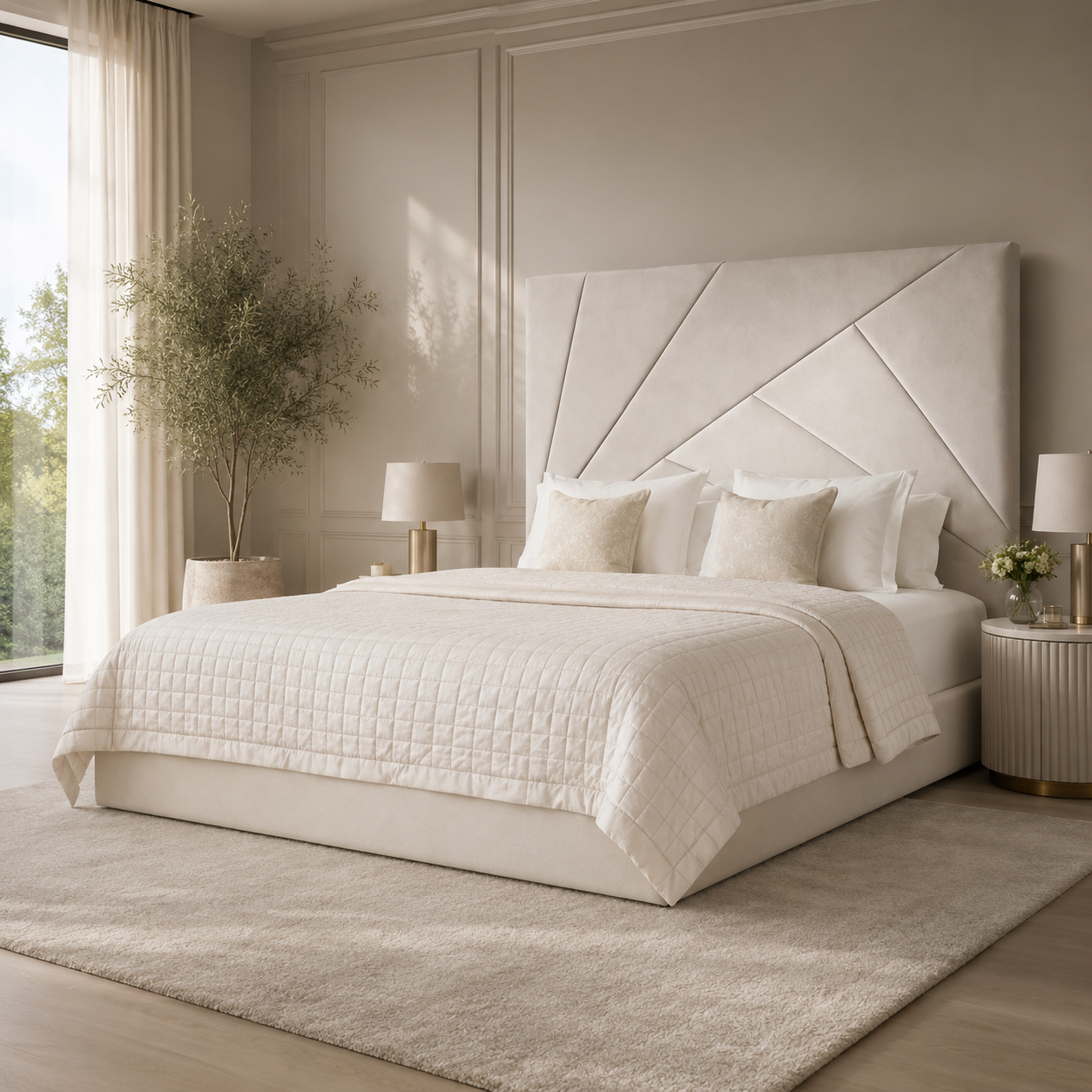Luxury beige upholstered bed with geometric headboard, quilted bedding, and modern bedside tables in serene bedroom