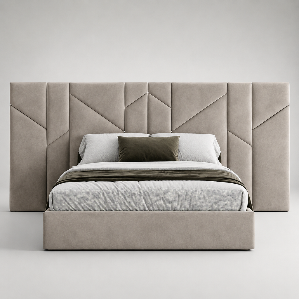 Luxury upholstered bed with geometric headboard, neutral tones, modern bedroom furniture