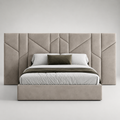 Luxury upholstered bed with geometric headboard, neutral tones, modern bedroom furniture