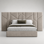Luxury upholstered bed with geometric headboard, neutral tones, modern bedroom furniture