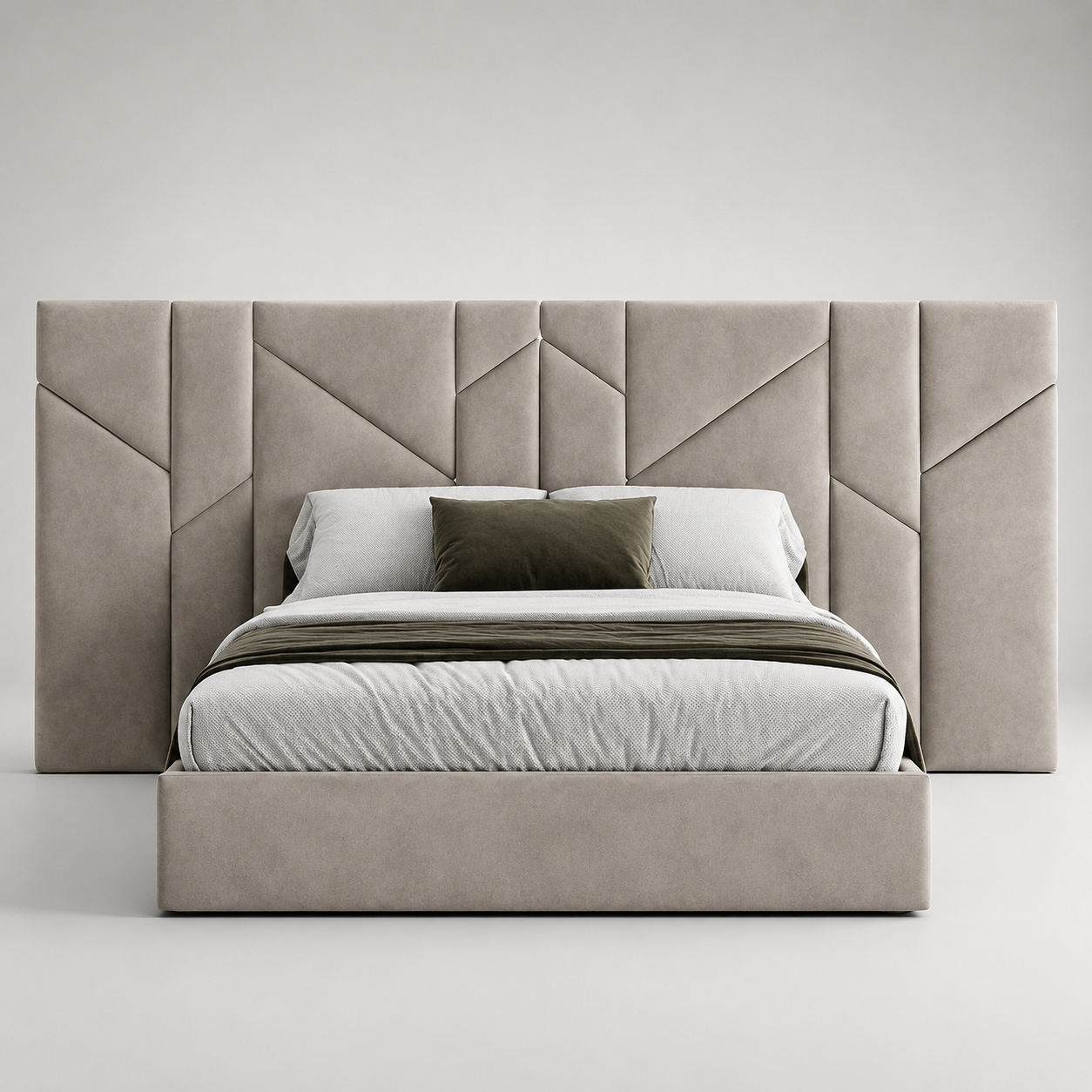 Luxury upholstered bed with geometric headboard, neutral tones, modern bedroom furniture