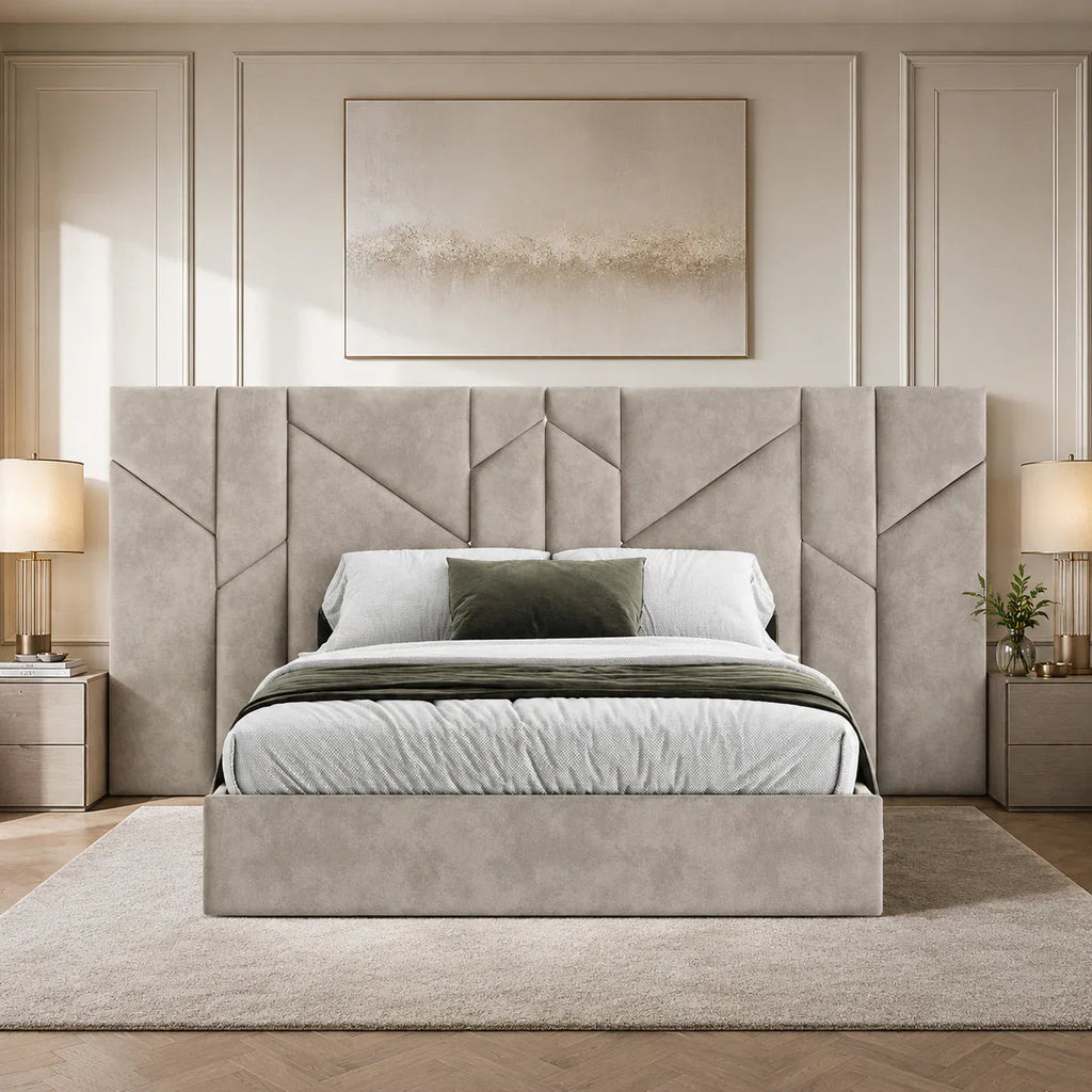 Luxury velvet bed frame with geometric headboard, modern bedroom decor, neutral tones