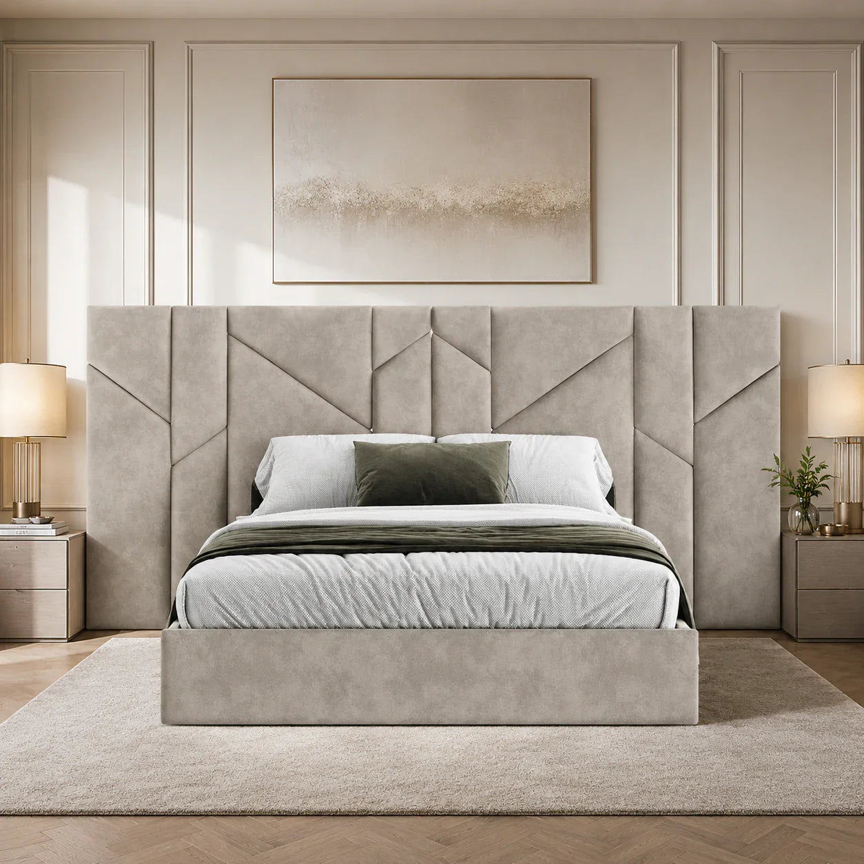 Luxury velvet bed frame with geometric headboard, modern bedroom decor, neutral tones
