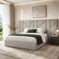 Luxury upholstered bed with geometric headboard, white bedding, and olive throw in modern bedroom