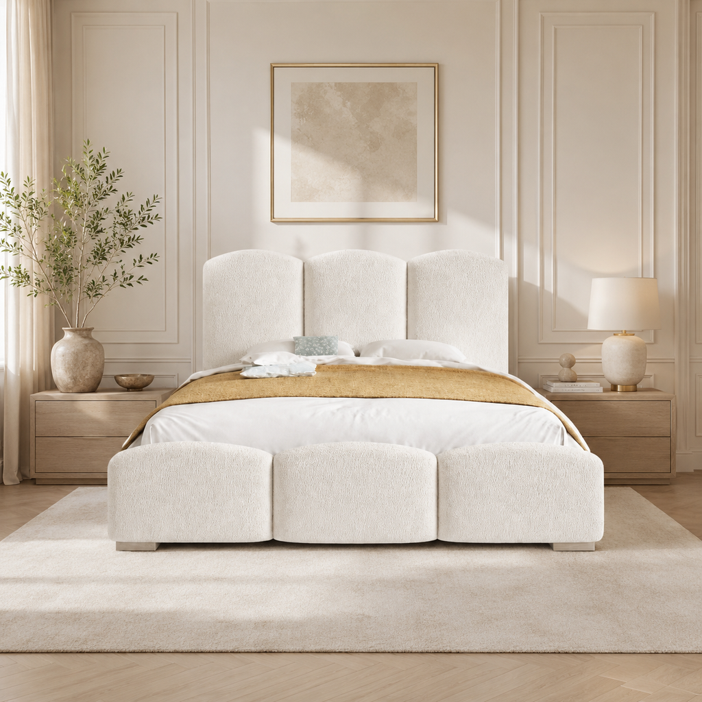 Luxury white upholstered bed with tufted headboard in elegant bedroom setting