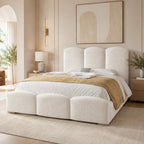Luxury white upholstered bed with tufted headboard and footboard in modern bedroom setting
