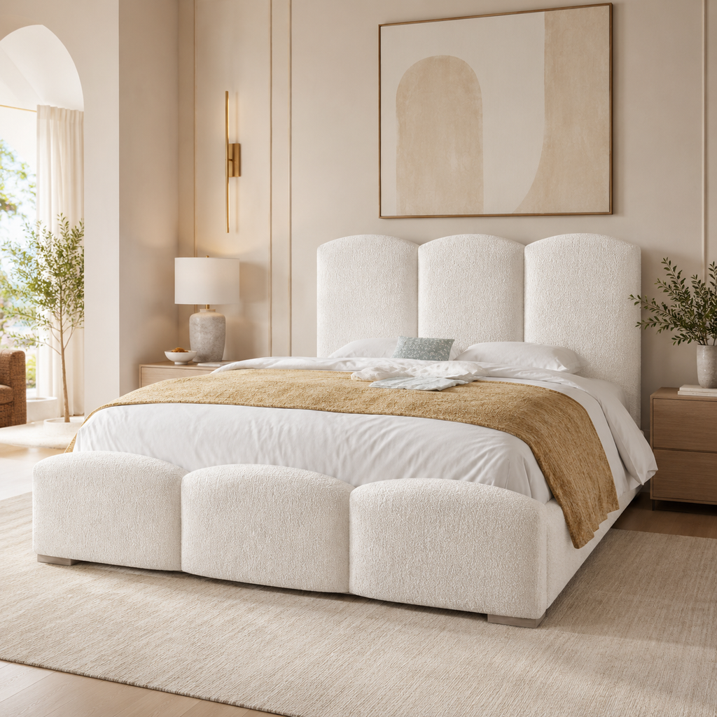 Luxury upholstered bed with tufted headboard and footboard in neutral bedroom setting