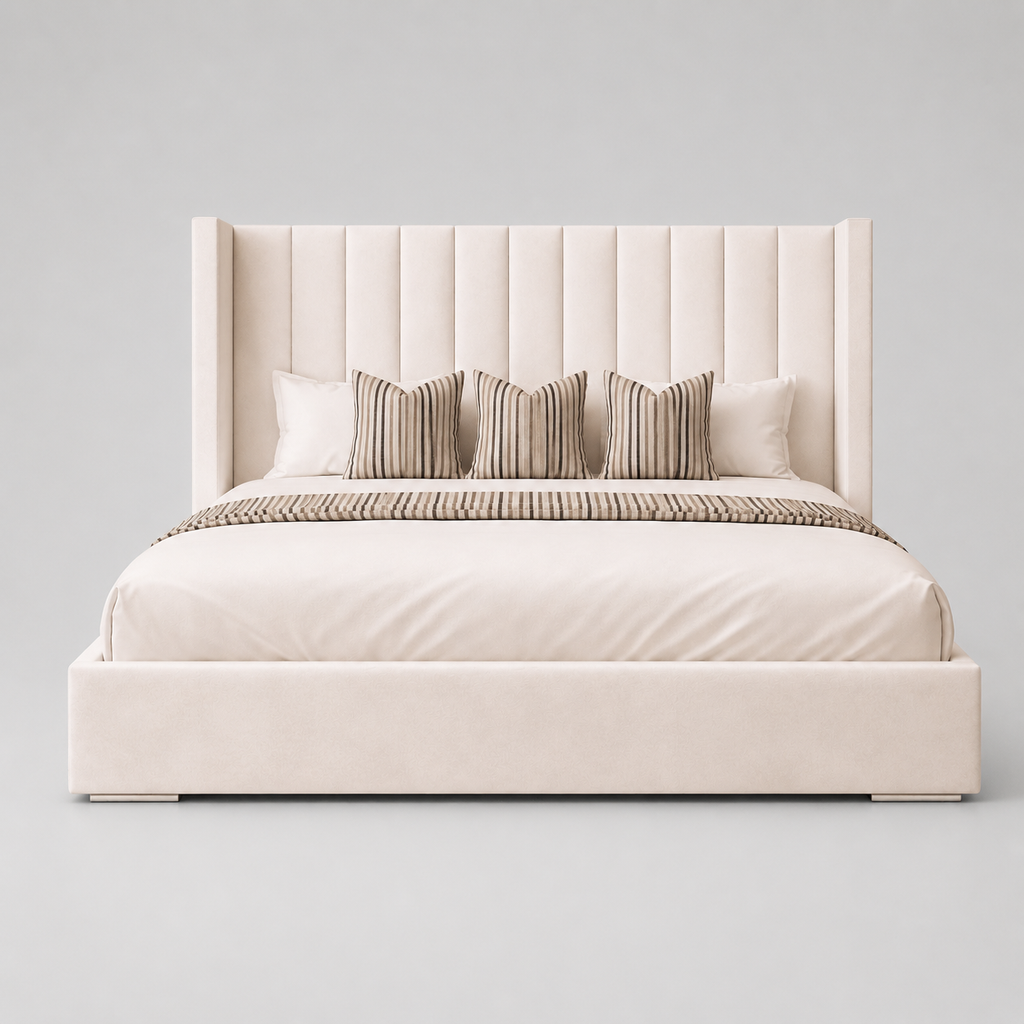 Luxury upholstered bed with tufted headboard, striped pillows, and neutral bedding for modern bedrooms