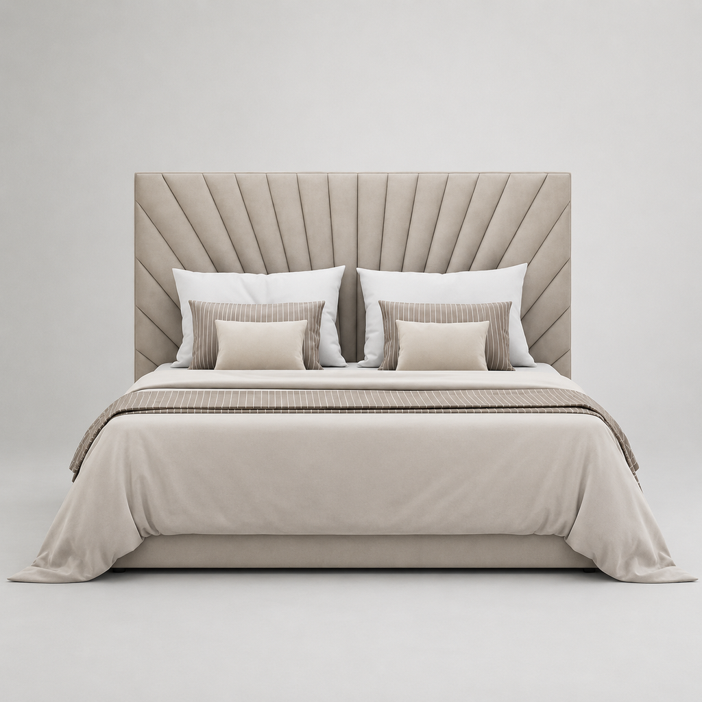 Luxury upholstered bed with tufted headboard, neutral bedding, and striped accent pillows