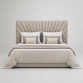 Luxury upholstered bed with tufted headboard, neutral bedding, and striped accent pillows