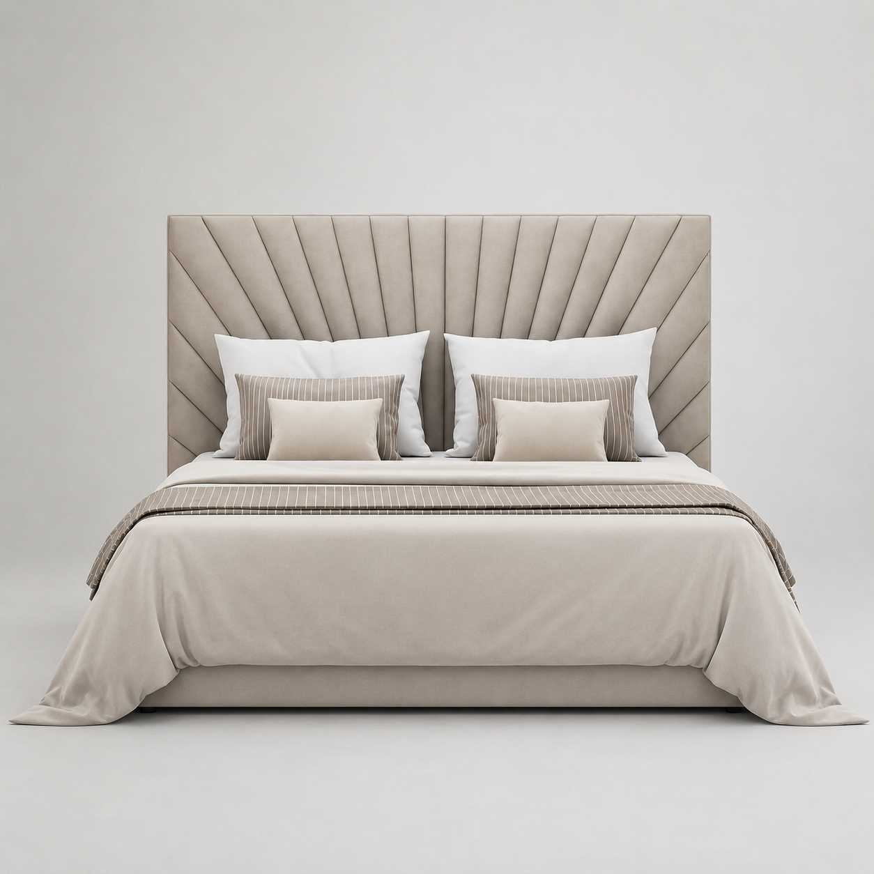 Luxury upholstered bed with tufted headboard, neutral bedding, and striped accent pillows