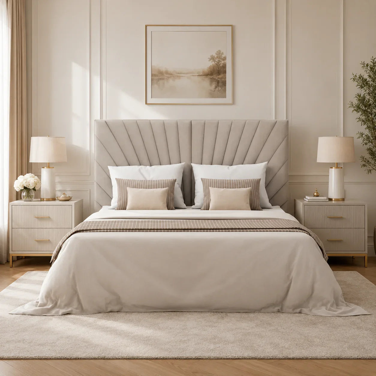 Luxury upholstered bed with tufted headboard, neutral bedding, and matching nightstands in a modern bedroom