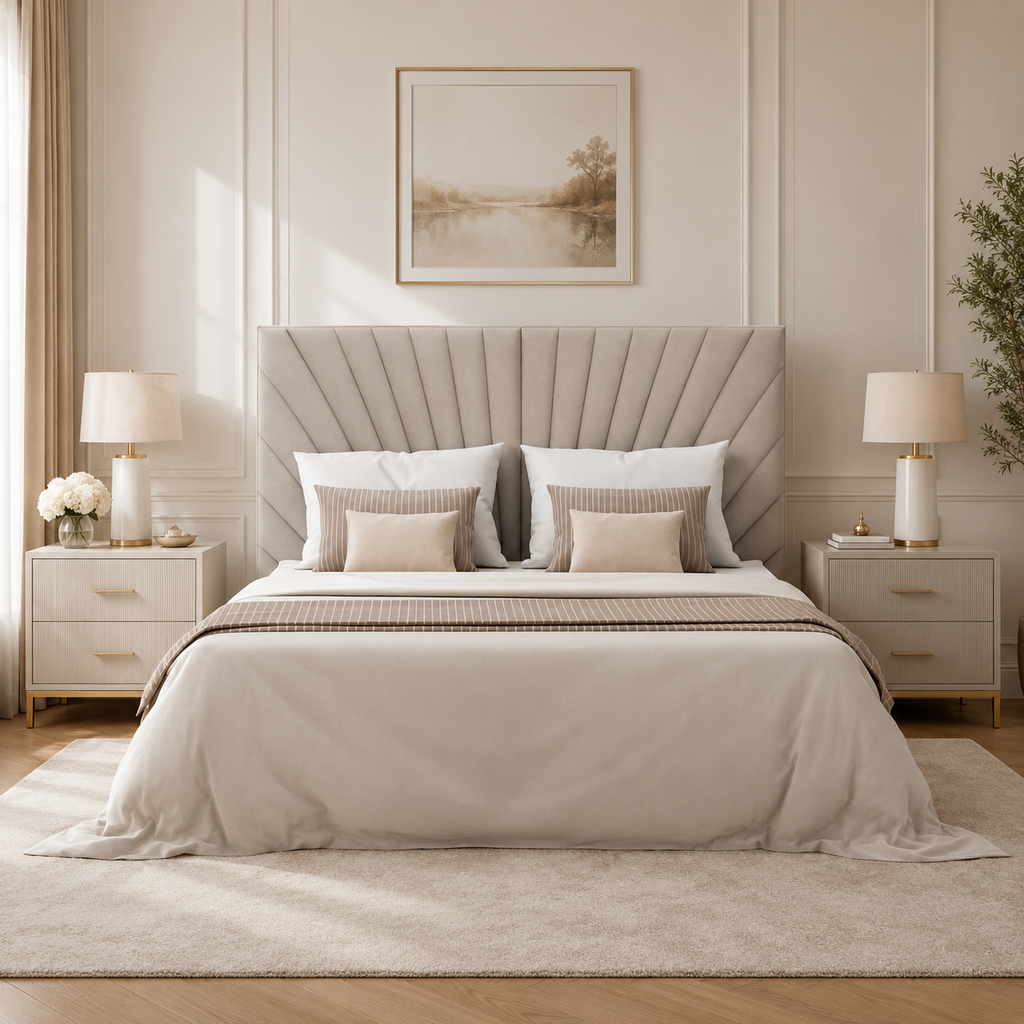 Luxury upholstered bed with tufted headboard, neutral bedding, and matching nightstands in modern bedroom