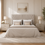 Luxury upholstered bed with tufted headboard, neutral bedding, and matching nightstands in modern bedroom
