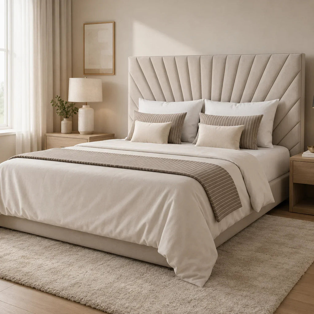 Luxury upholstered bed with tufted headboard, neutral bedding, and modern bedside table in bright bedroom